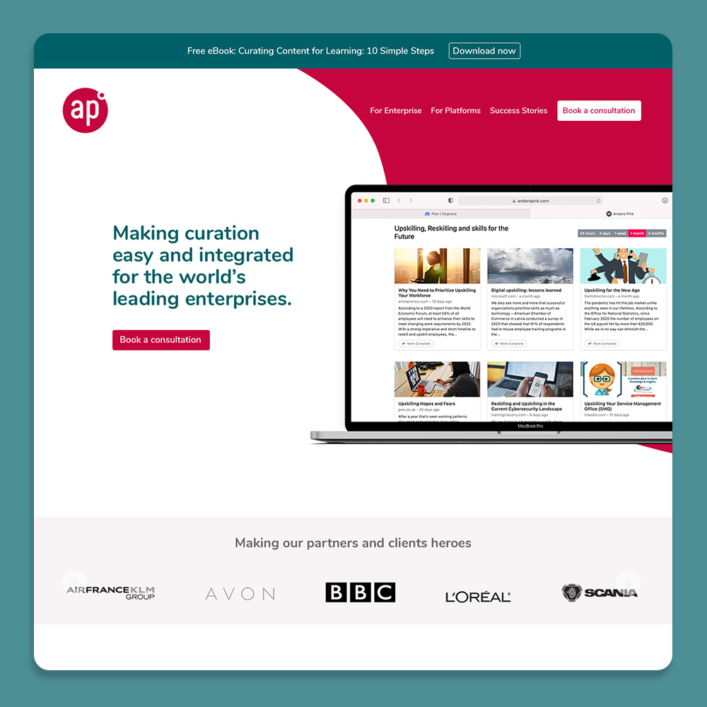 Anders Pink enterprise content curation platform — homepage design with laptop mockup on teal and red background