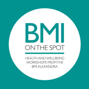 BMI On The Spot health workshops logo — circular typographic mark in white on teal background