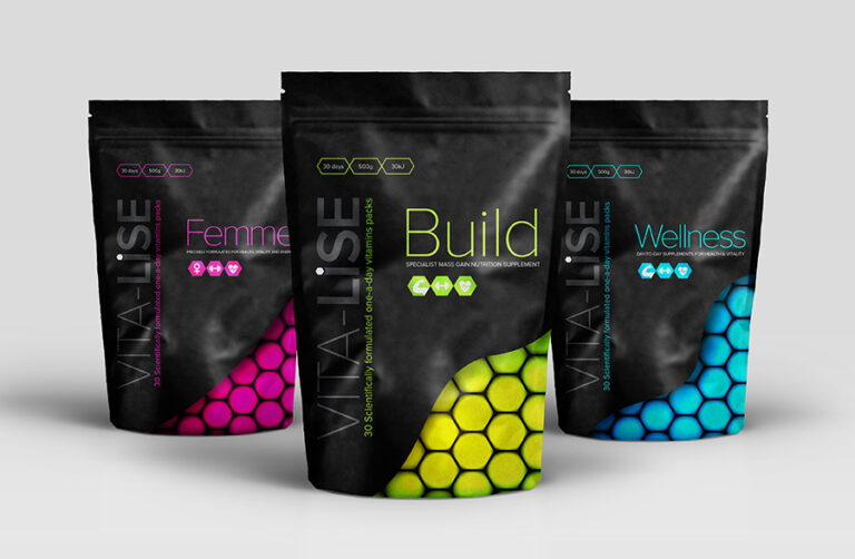 Vita-Lise vitamin supplement packaging — three product variants in bold black matte pouches with neon colour accents