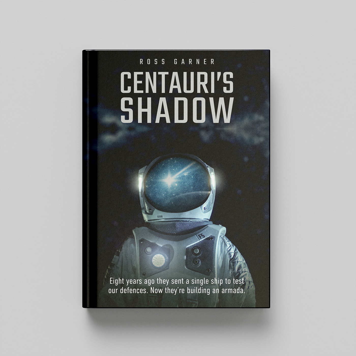 Centauri's Shadow sci-fi novel cover — astronaut silhouette against deep space backdrop with dramatic typography