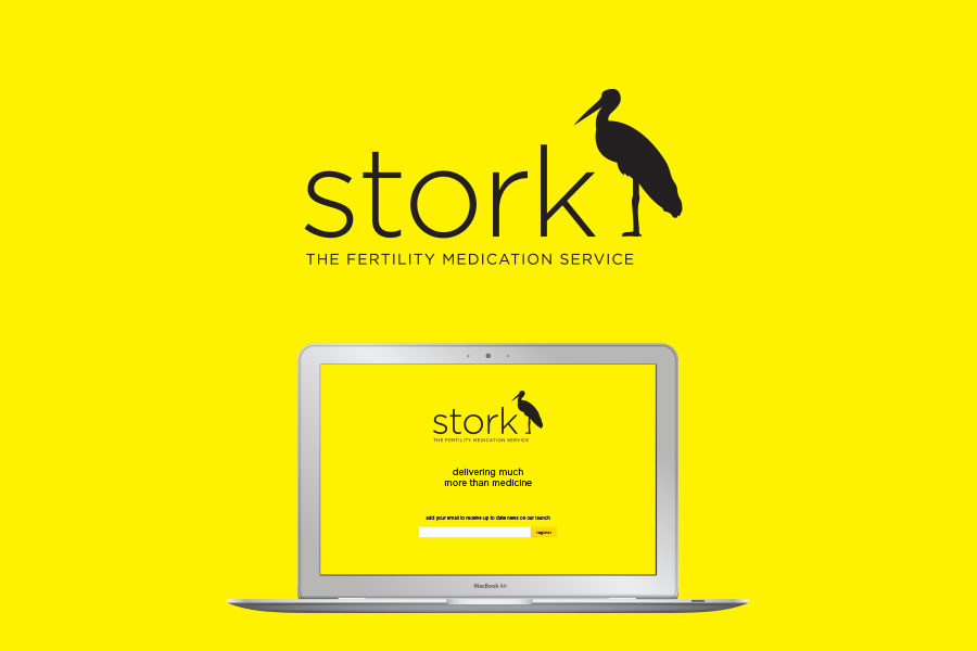 Stork fertility medication service — brand mark and website mockup on vivid yellow background